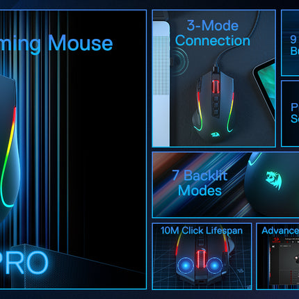 Redragon M612 PRO BT & 2.4RGB Gaming Mouse, 8000 DPI Wired/Wireless Optical Gamer Mice 11 Programmable Buttons & 6 Backlit Modes