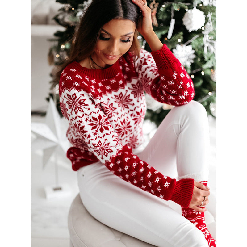 Women Sweater Christmas Snowflake Knitted Long Sleeve O Neck Ladies Jumper Fashion Casual Winter Autumn Printed Pullover Clothes