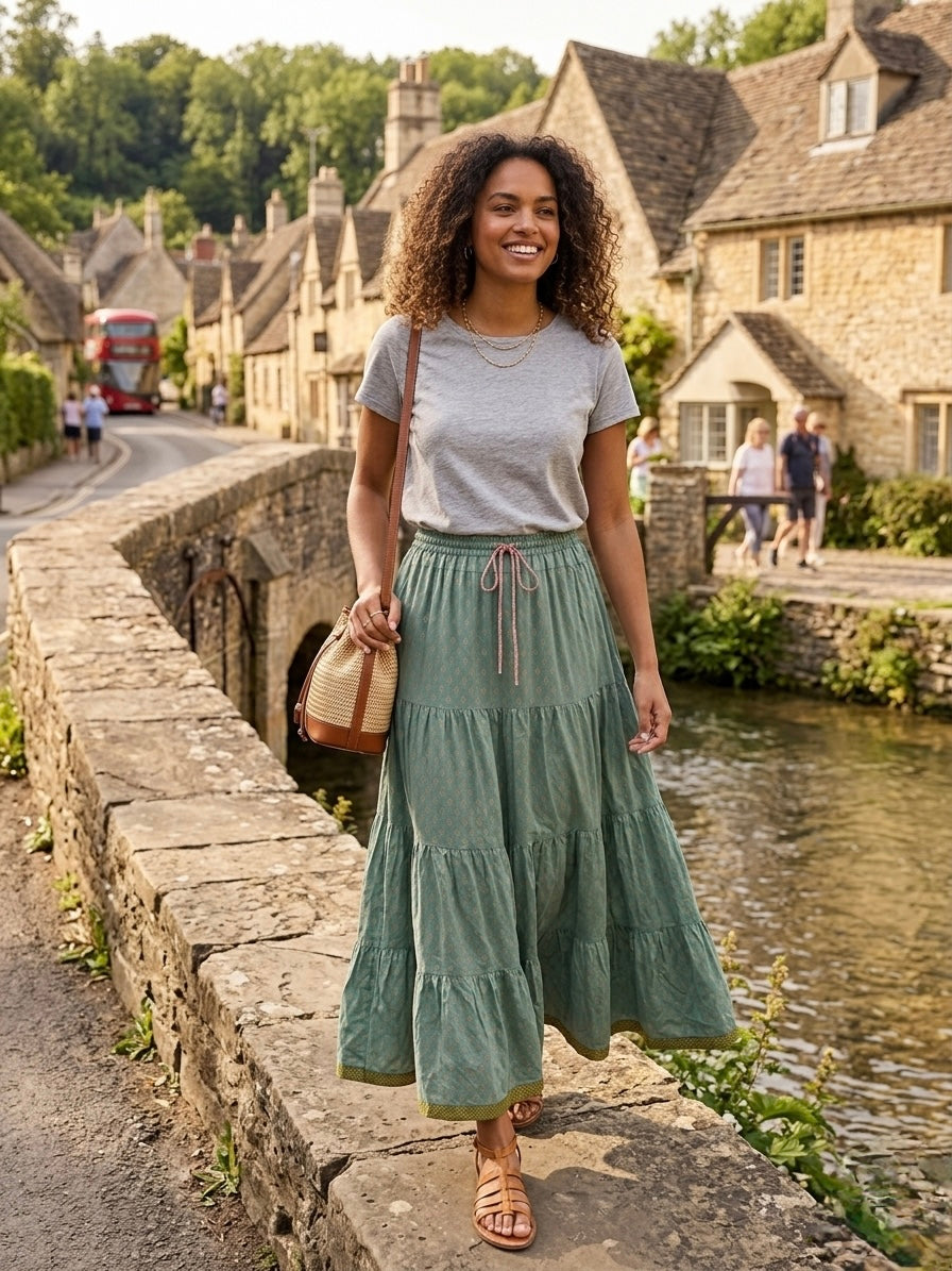 Blackfever Women's Sage Green Maxi Skirt - 100% Cotton with Gold Print