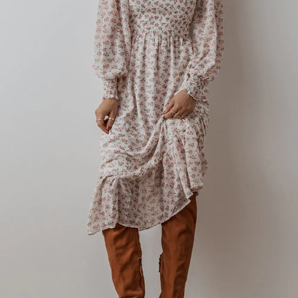 Smocked Floral Square Neck Long Sleeve Midi Dress