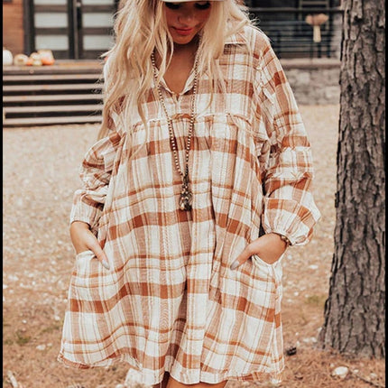 Plaid Collared Neck Long Sleeve Mini Shirt Dress