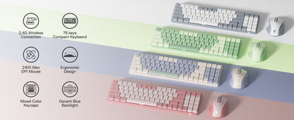 Redragon BS8772 Wireless Keyboard and Mouse Combo, 78 Keys 2.4Ghz Wireless Low-Profile Mechanical Keyboard w/ 2400 DPI Mouse