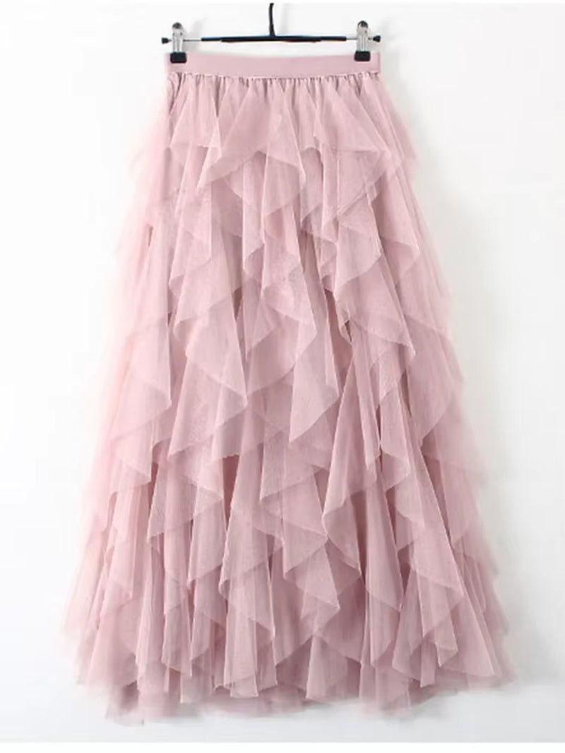 Tutu Tulle Long Maxi Skirt Women Fashion 2023 Korean Cute Pink High Waist Pleated Skirt Mesh Female Lady Aesthetic Faldas