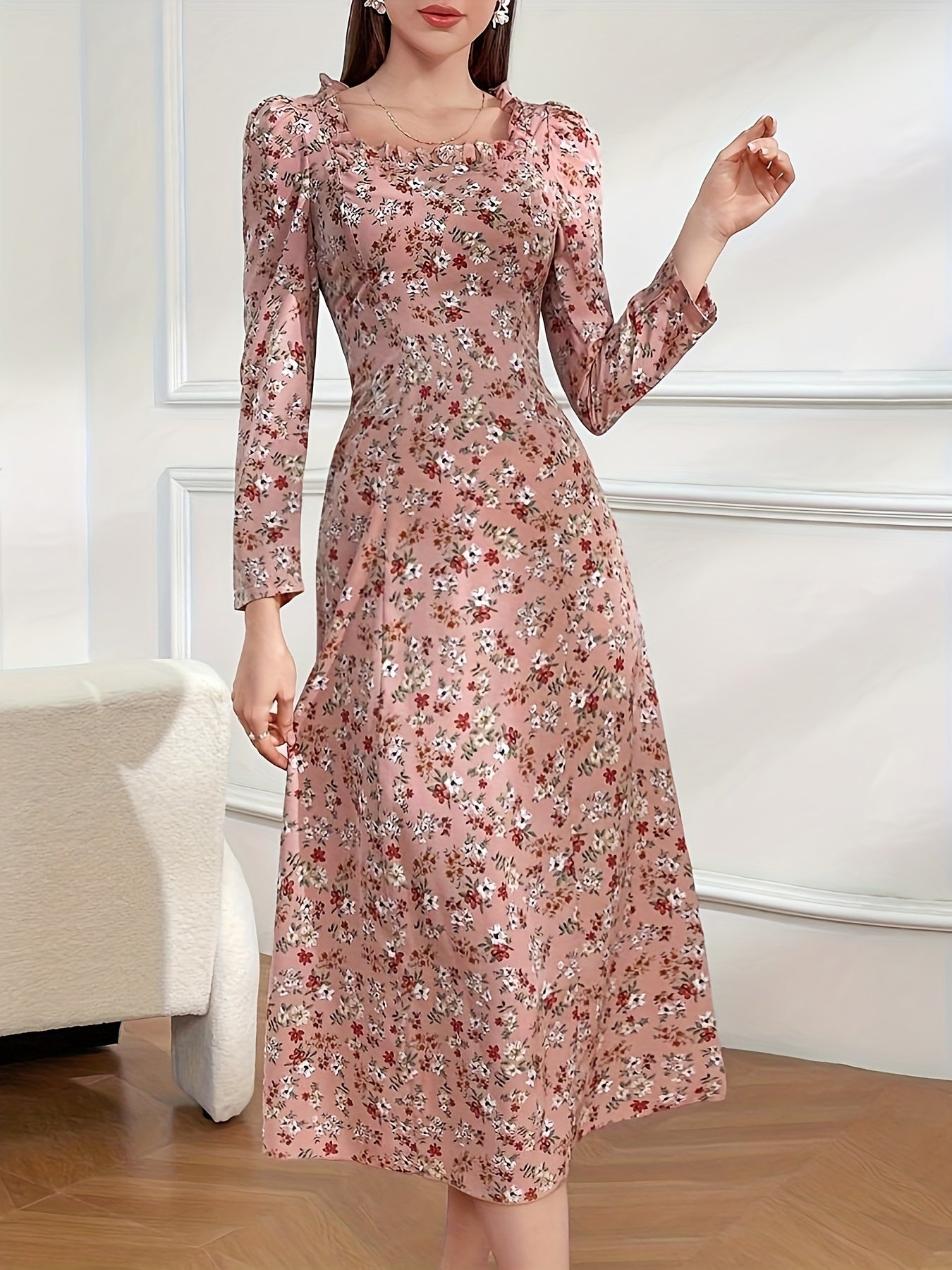 Vibrant Floral Print Square Neck Blouse - Elegant Ruffle Trim, Long Sleeve, Slim Fit, Comfy, Versatile, Spring & Fall Essential - Women's Stylish Clothing for Everyday Wear