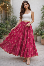 Blackfever Elegant Pink Printed Tiered Skirt – Free Size