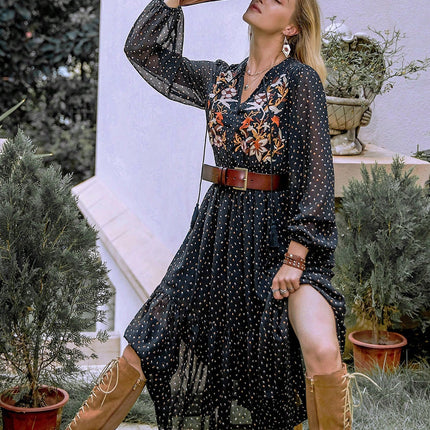 Embroidered Polka Dot Tie Neck Long Sleeve Midi Dress