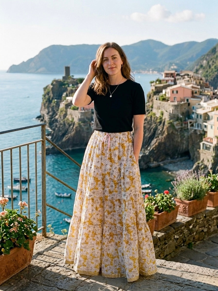 Blackfever Women's Tiered Floral Maxi Skirt - 100% Cotton, Mustang Yellow & White