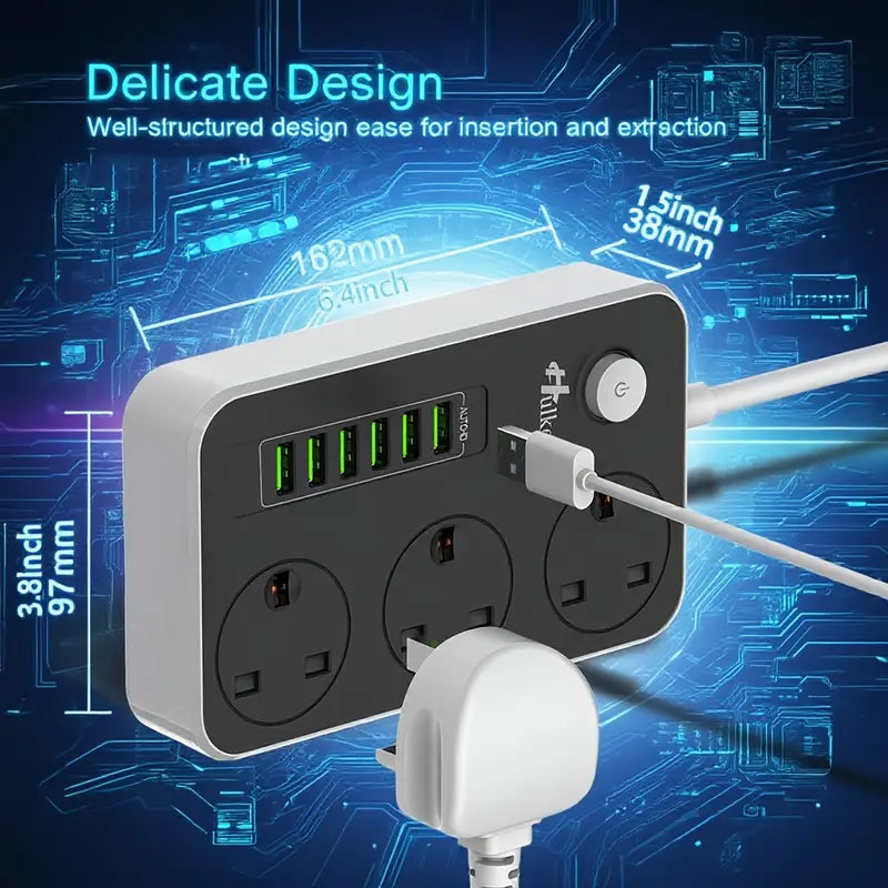 UK Power Strip with 6 USB Ports & 3 Sockets | Heavy-Duty Extension Lead with Fast Charging & Safety Protection for Home Office Workspace