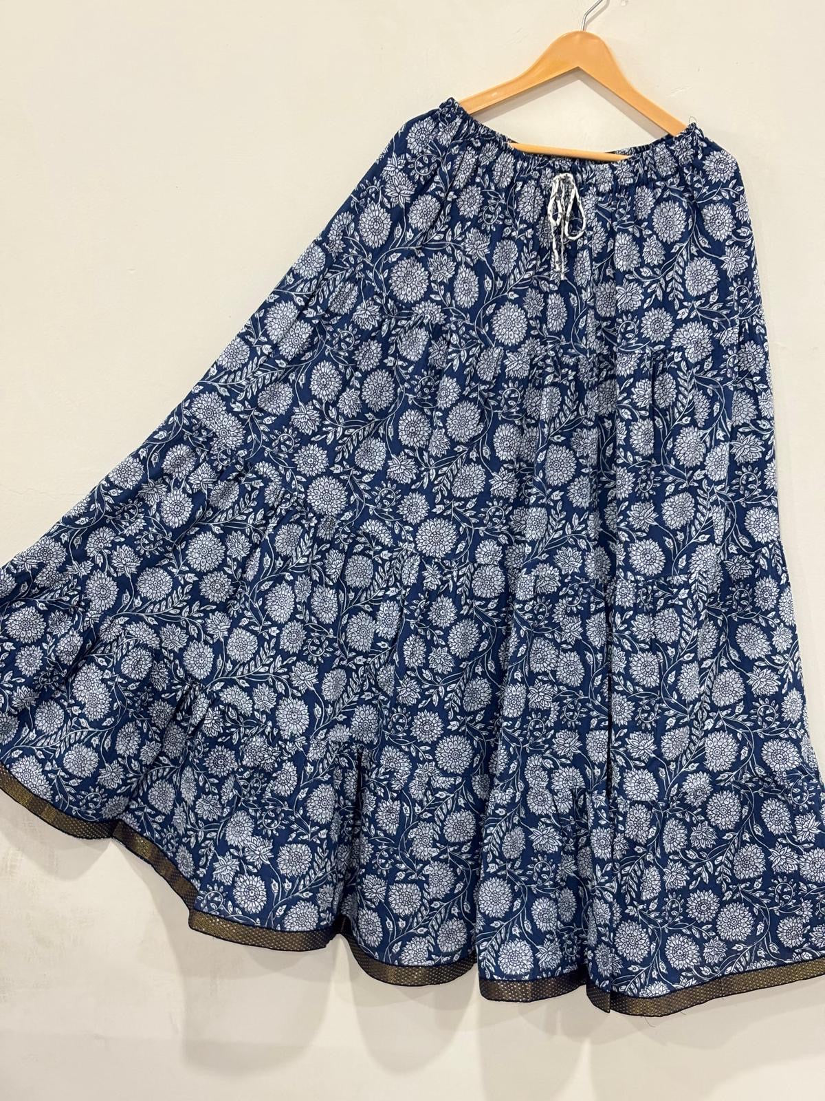 Blue Floral Tiered Cotton Maxi Skirt – Free Size