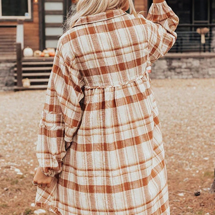 Plaid Collared Neck Long Sleeve Mini Shirt Dress