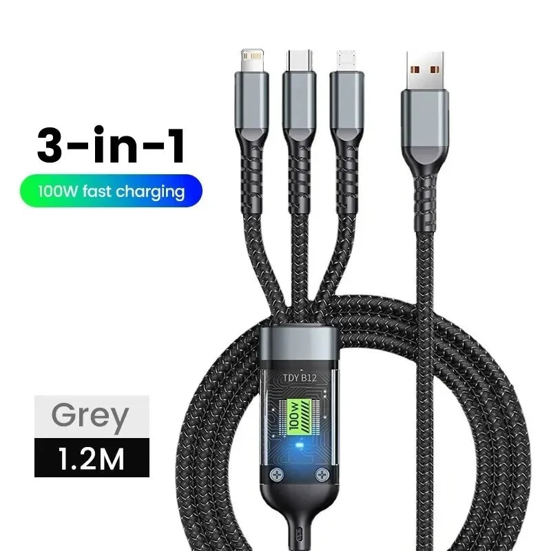 3 in 1 USB Cable 6A 100W Micro USB Type C Charging Cable For iPhone 16 15 14 13 12 Huawei Honor Xiaomi 13 ViVo Oppo Data Cord
