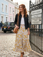Blackfever Women's Tiered Floral Maxi Skirt - 100% Cotton, Mustang Yellow & White