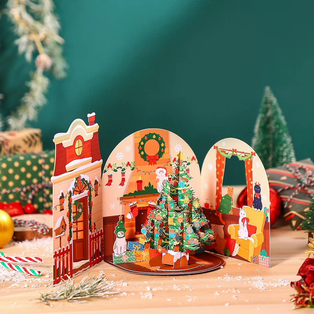 Cat Xmas Party Greeting Cards Christmas TreeThree-dimensional Pop Up Card  With Envelope 3D Postcard Holiday Supplies
