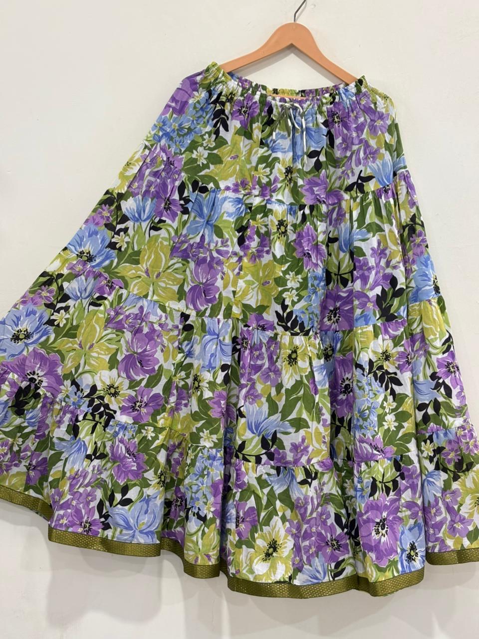 Blackfever Women's Purple & Green Floral Tiered Maxi Skirt - 100% Cotton