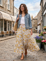 Blackfever Women's Tiered Floral Maxi Skirt - 100% Cotton, Mustang Yellow & White