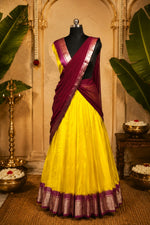 Yellow Purple Kerala Half Saree Set | South Indian Traditional Outfit | Ready-to-Wear Skirt & Dupatta | Unstitched Blouse