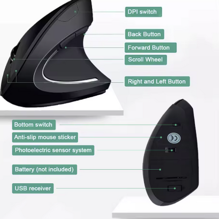 Ergonomic Vertical Wireless Mouse 2.4GHz – 6 Button Optical Mice with 3 Adjustable DPI (800/1200/1600) for Laptop, PC & Desktop Computers