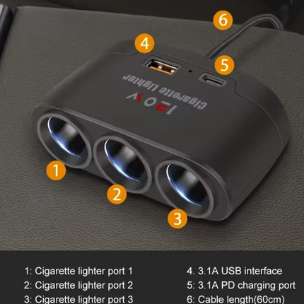 Car Cigarette Lighter Splitter with USB & PD Charging Ports – 3 Socket Adapter