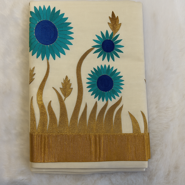 Kerala Kasavu Onam Saree with Blue Floral Embroidery & Golden Zari Border – Traditional Handloom Saree 6.25 Meters S124