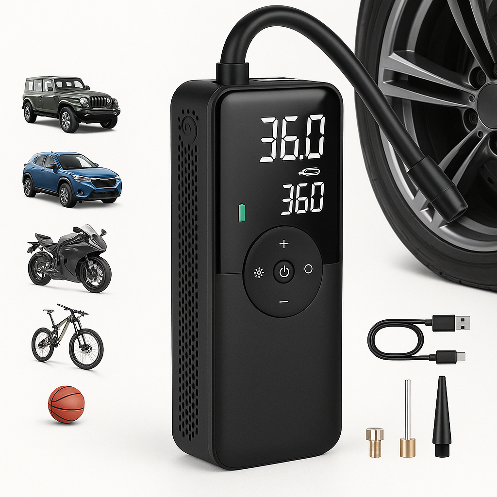 Portable Tire Inflator for Cars, Motorcycles & Bicycles – Compact Air Pump with Digital Display, Fast Inflation & Rear Storage Case