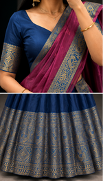 Blue and pink saree with intricate patterns, worn by a person and displayed in different angles.
