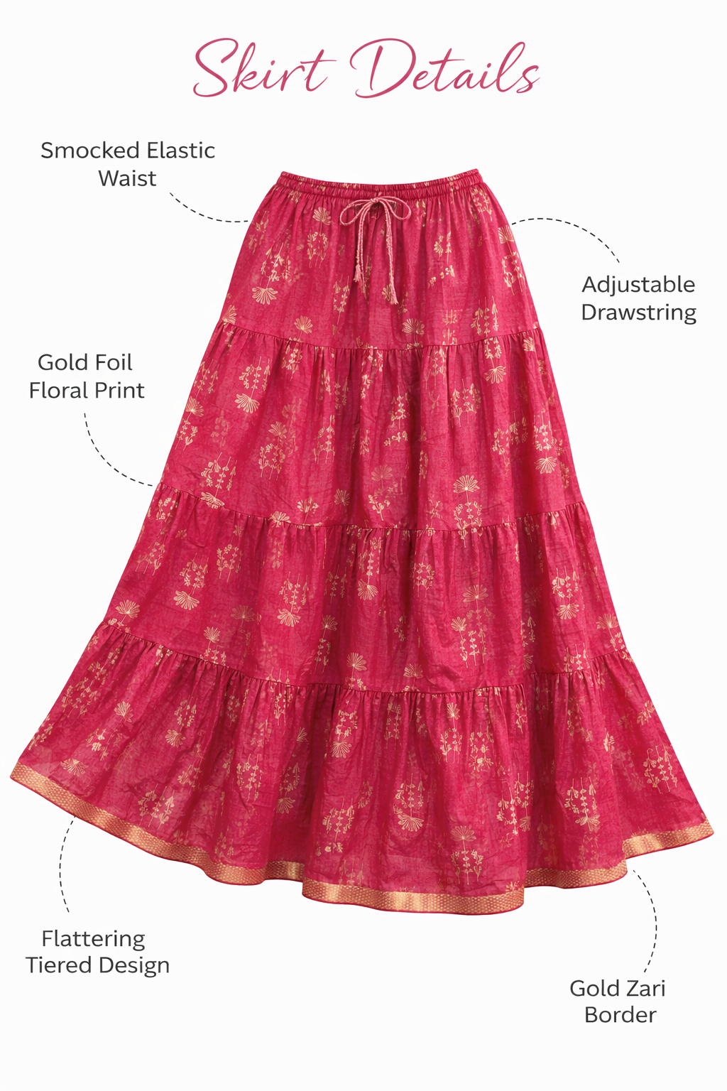 Blackfever Elegant Pink Printed Tiered Skirt – Free Size