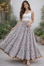 Blackfever White Floral Printed Tiered Cotton Maxi Skirt – Boho Free Size with Gold Border – Free Size