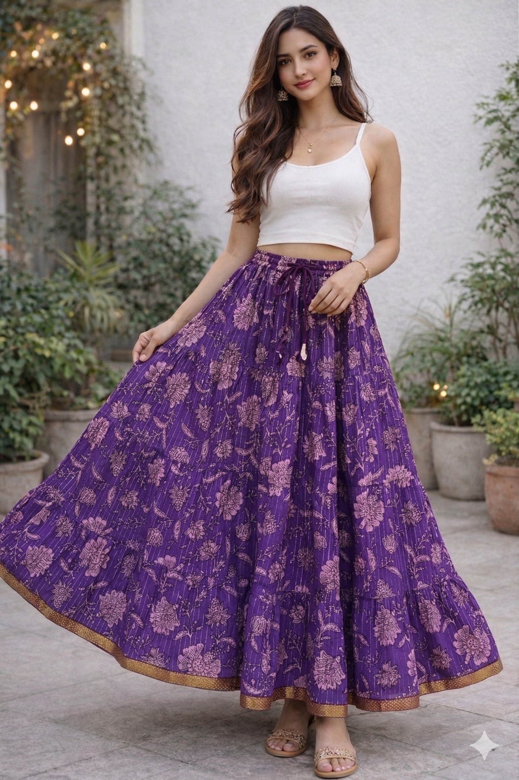 Blackfever Royal Purple Floral Tiered Cotton Skirt - Free size