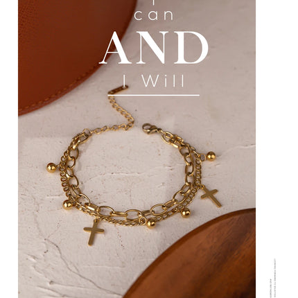 Yhpup Stainless Steel Cross Layered Bracelet for Women Charm Metal 14 K Plated Trendy Golden Wrist Unique Design Jewelry брелок