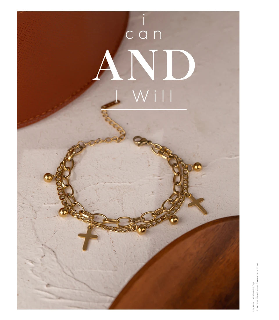 Yhpup Stainless Steel Cross Layered Bracelet for Women Charm Metal 14 K Plated Trendy Golden Wrist Unique Design Jewelry брелок