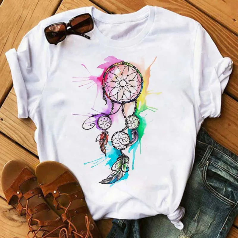 Maycaur Women Summer Short Sleeve Dreamcatcher Feather Fashion Print Lady T-shirts Top T Shirt Ladies Womens Graphic Tee T-Shirt