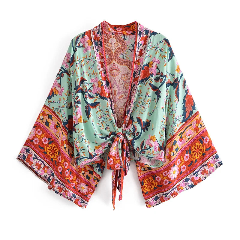 Boho Vintage Floral Print Beach Summer Short Kimono Women Fashion Ladies Casual V Neck Batwing Sleeves Bohemian Cover-ups