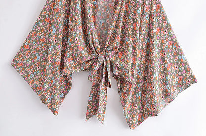 Boho Vintage Floral Print Beach Summer Short Kimono Women Fashion Ladies Casual V Neck Batwing Sleeves Bohemian Cover-ups