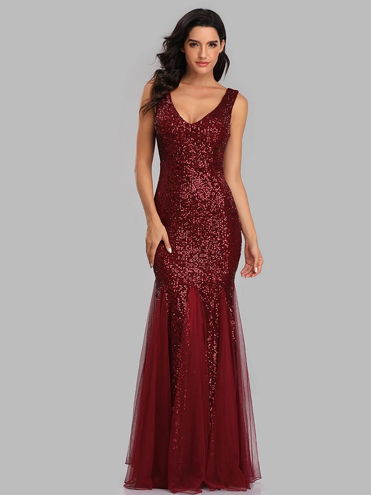 V-Neck Mermaid Dress with Shawl, Long Formal Prom Party Gown, Sequins Sleeveless, Sexy Evening Dress, Plus Size