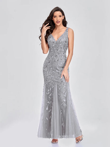 Sleeveless V-neck Tulle Sequins Cocktail Dresses V-back Mermaid Party Prom Gowns Women Formal Occasion Embroidered Robe Vestioes