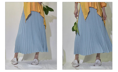 Vintage Pleated Midi Long Skirt For Women Korean Fashion Casual High Waist Chiffon Skirts Jupe Faldas 18 Color 2024 Autumn SK397