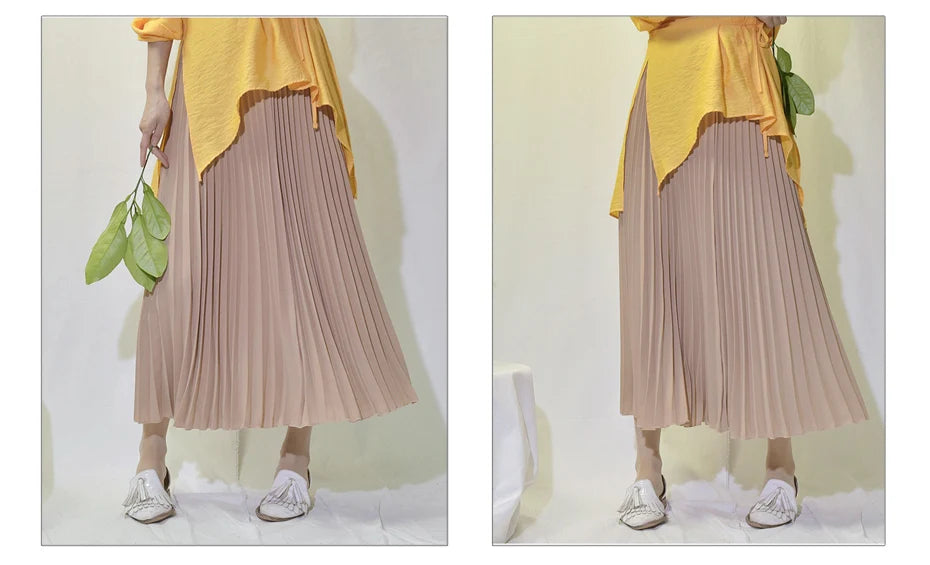 Vintage Pleated Midi Long Skirt For Women Korean Fashion Casual High Waist Chiffon Skirts Jupe Faldas 18 Color 2024 Autumn SK397