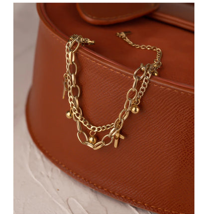 Yhpup Stainless Steel Cross Layered Bracelet for Women Charm Metal 14 K Plated Trendy Golden Wrist Unique Design Jewelry брелок