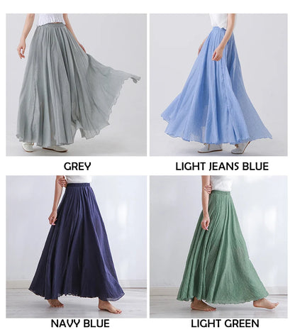 High Quality Cotton Linen Maxi Skirt Womens Casual Elastic High Waist Pleated A-Line Beach Skirts Boho Saia Feminina Faldas Jupe
