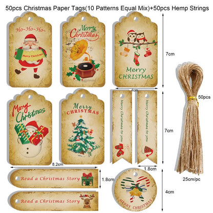 50pcs Merry Christmas Thank you Kraft Paper Tags Xmas tree Hanging Label Navidad new year Party Gift Card Decorations for Home