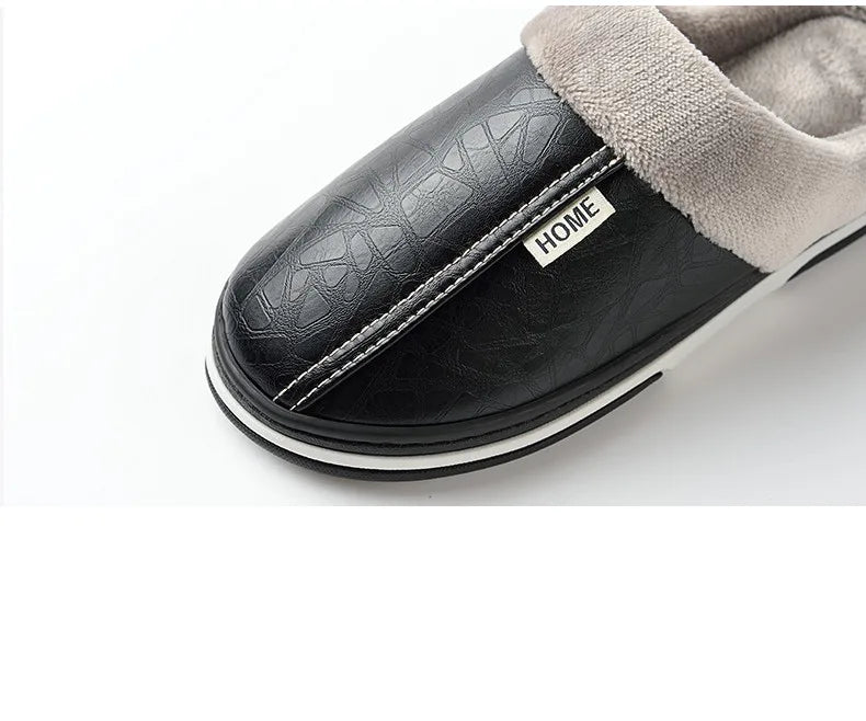 Men's Big Size Winter Slippers Home PU Leather Shoes for Men Indoor Waterproof Fur Cotton Male Bedroom Slipper Flat Houseshoes