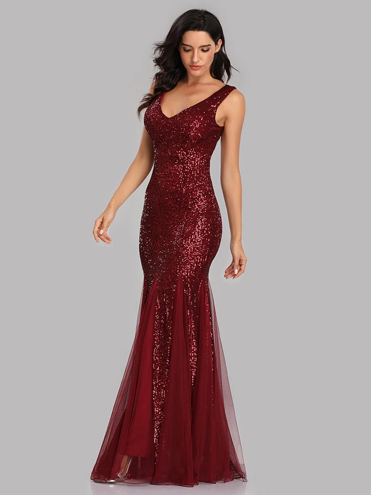 V-Neck Mermaid Dress with Shawl, Long Formal Prom Party Gown, Sequins Sleeveless, Sexy Evening Dress, Plus Size
