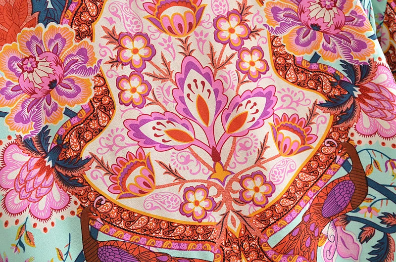 Boho Vintage Floral Print Beach Summer Short Kimono Women Fashion Ladies Casual V Neck Batwing Sleeves Bohemian Cover-ups