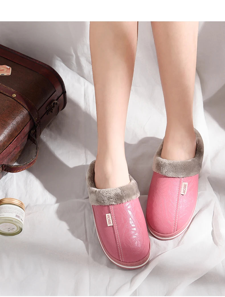 Men's Big Size Winter Slippers Home PU Leather Shoes for Men Indoor Waterproof Fur Cotton Male Bedroom Slipper Flat Houseshoes