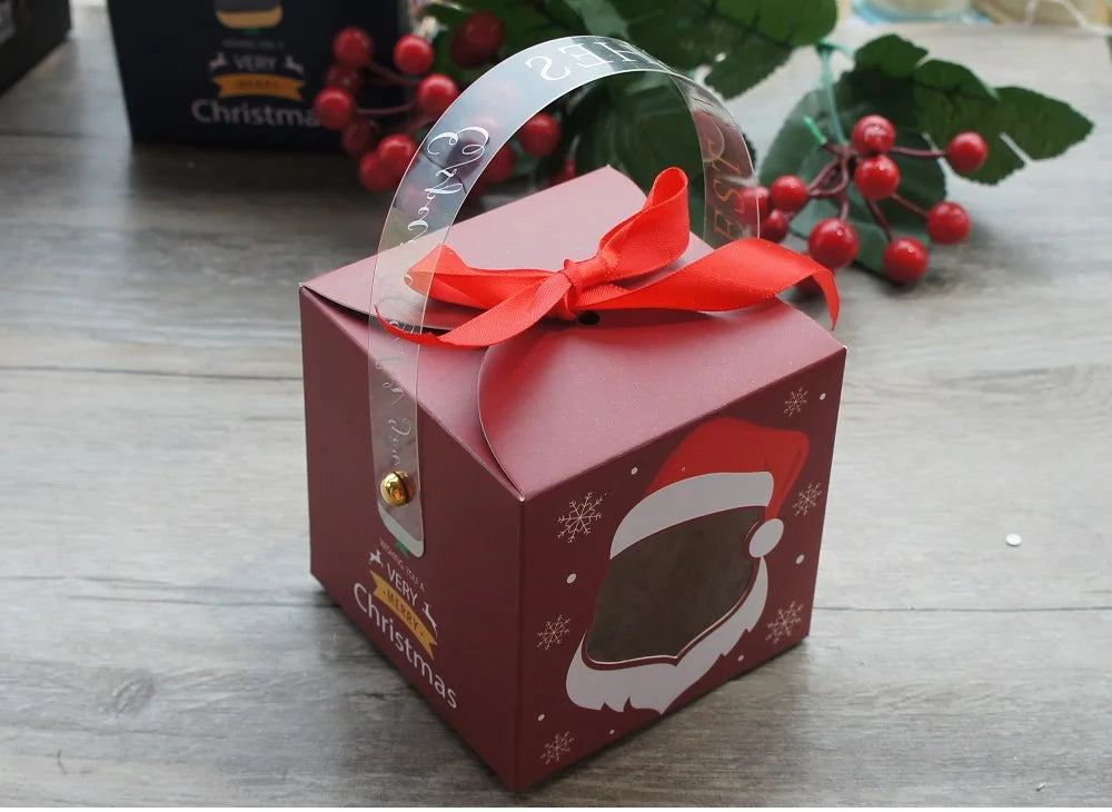 12pcs Christmas Paper Box with Window Handle Candy Box Soap Candle Cookie Candy Little Gift Packaging Party Favors Decor