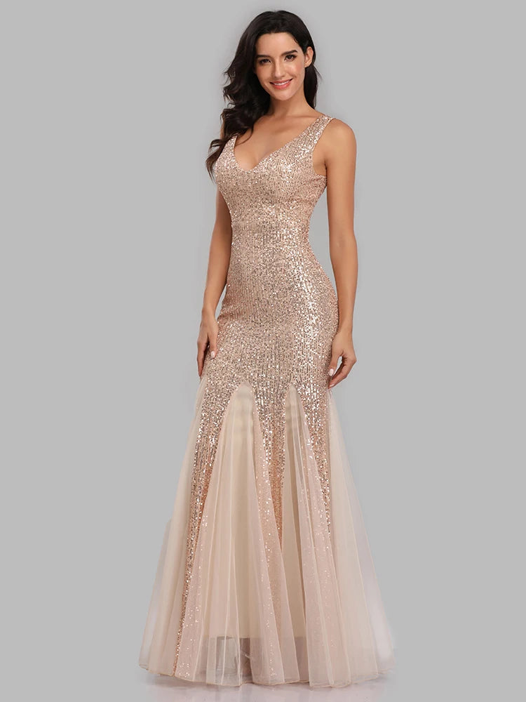 V-Neck Mermaid Dress with Shawl, Long Formal Prom Party Gown, Sequins Sleeveless, Sexy Evening Dress, Plus Size