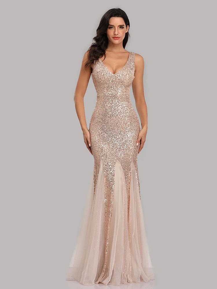 V-Neck Mermaid Dress with Shawl, Long Formal Prom Party Gown, Sequins Sleeveless, Sexy Evening Dress, Plus Size