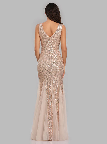 V-Neck Mermaid Dress with Shawl, Long Formal Prom Party Gown, Sequins Sleeveless, Sexy Evening Dress, Plus Size