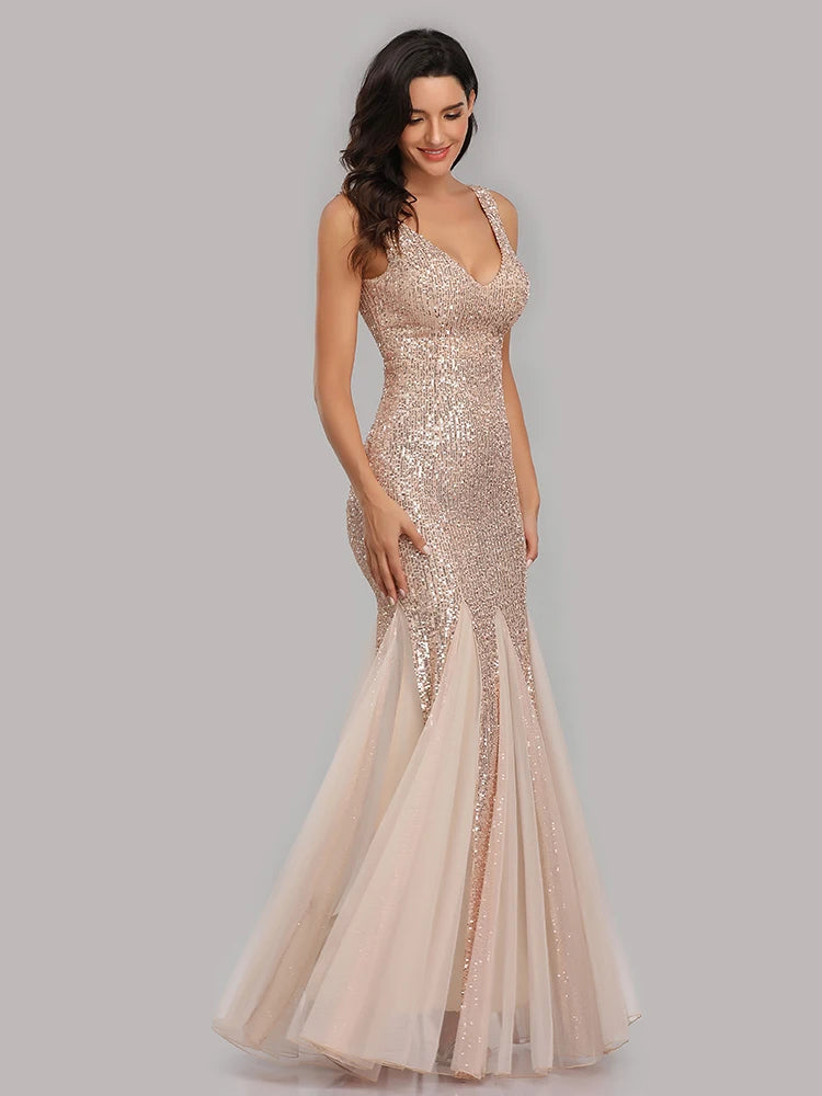 V-Neck Mermaid Dress with Shawl, Long Formal Prom Party Gown, Sequins Sleeveless, Sexy Evening Dress, Plus Size