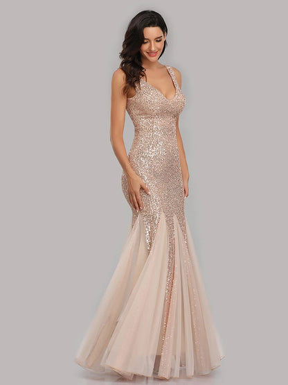 V-Neck Mermaid Dress with Shawl, Long Formal Prom Party Gown, Sequins Sleeveless, Sexy Evening Dress, Plus Size